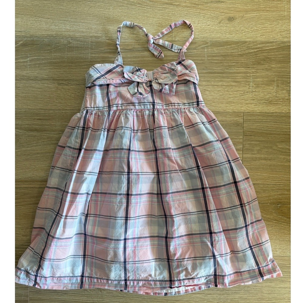 Janie and Jack Girls Pink Plaid Halter Dress Smocked Bow Accent Size 5 summer